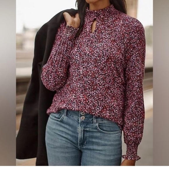 J Jill blouse pop over ditzy floral smocked mock neck Large - Picture 9 of 9